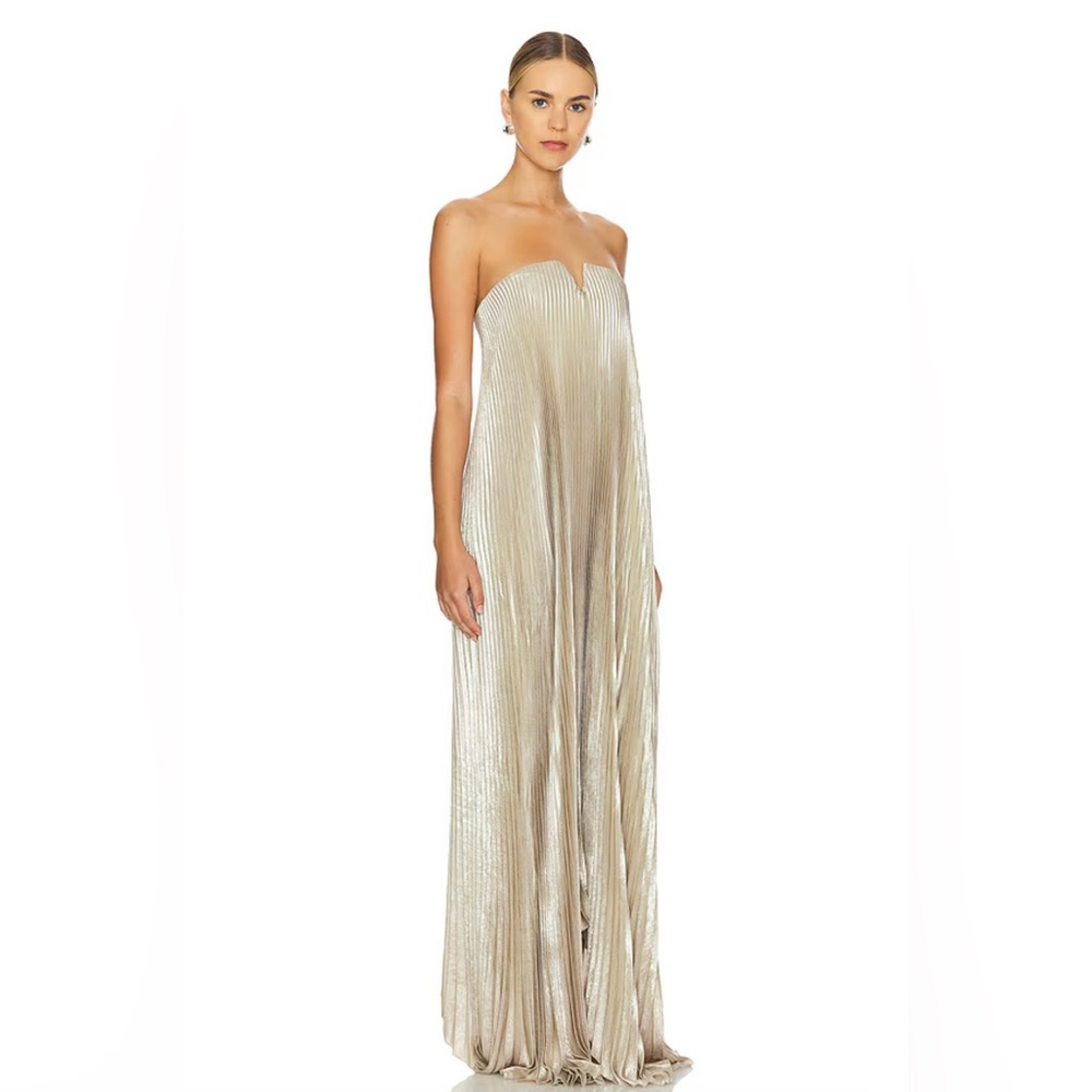L’IDEE Strapless Metallic Pleated Evening Gown in Champagne - Picture 3 of 10